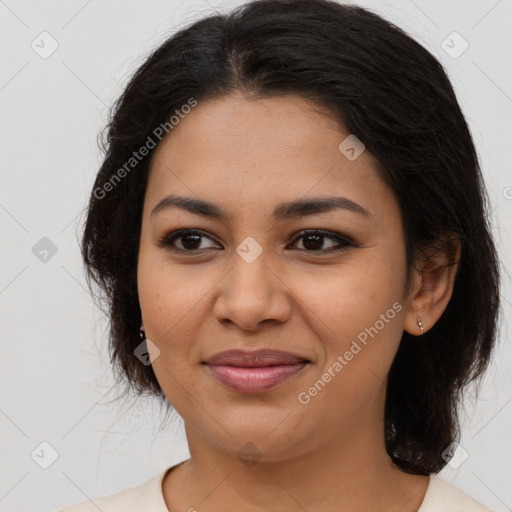 Joyful asian young-adult female with long  brown hair and brown eyes