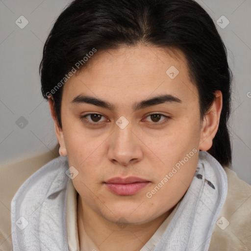 Joyful white young-adult female with medium  brown hair and brown eyes