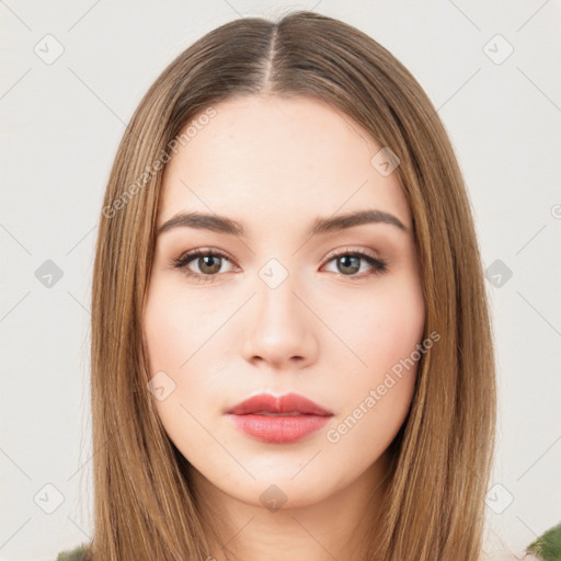 Neutral white young-adult female with long  brown hair and brown eyes