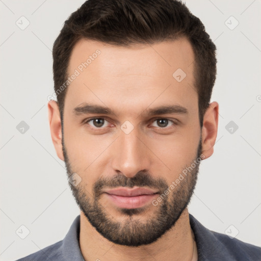 Neutral white young-adult male with short  brown hair and brown eyes