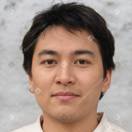 Neutral asian young-adult male with short  brown hair and brown eyes