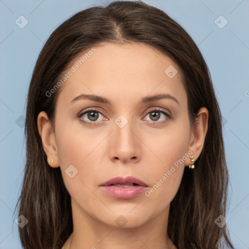 Neutral white young-adult female with long  brown hair and brown eyes