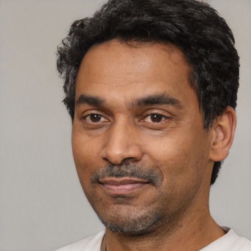 Joyful latino adult male with short  black hair and brown eyes