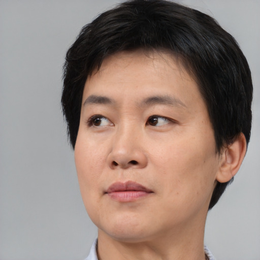 Neutral asian adult male with short  black hair and brown eyes