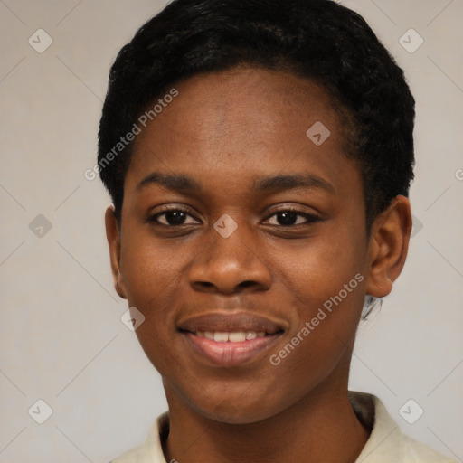 Joyful black young-adult female with short  black hair and brown eyes