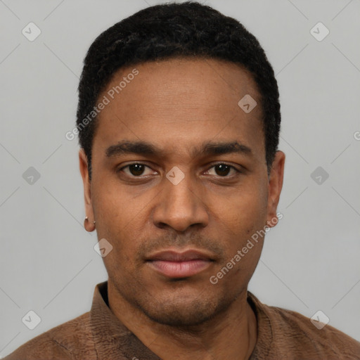 Neutral latino young-adult male with short  black hair and brown eyes