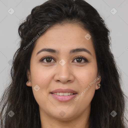 Joyful white young-adult female with long  brown hair and brown eyes