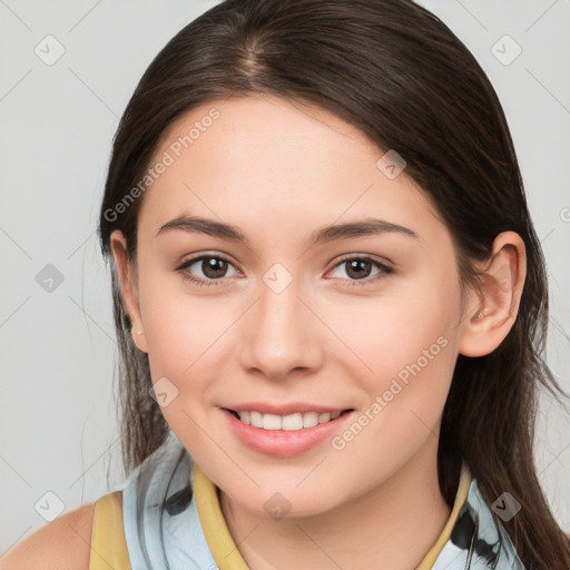 Joyful white young-adult female with medium  brown hair and brown eyes