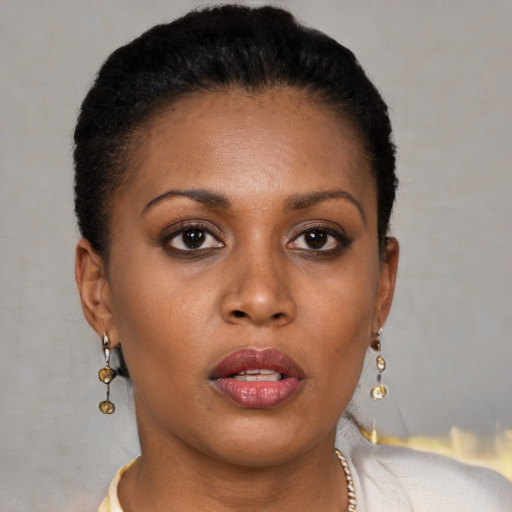Neutral black young-adult female with short  brown hair and brown eyes