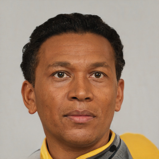 Neutral black adult male with short  brown hair and brown eyes