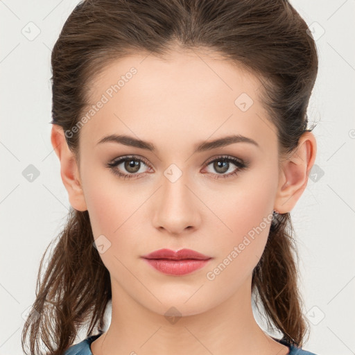 Neutral white young-adult female with medium  brown hair and brown eyes