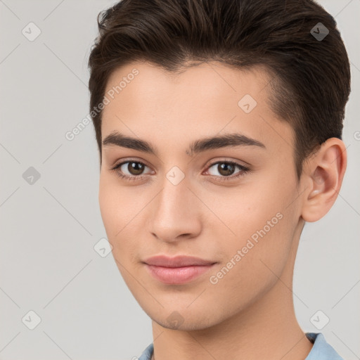 Joyful white young-adult male with short  brown hair and brown eyes