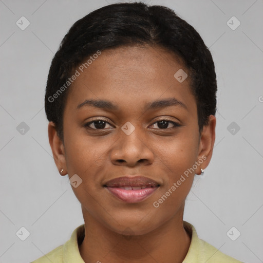 Joyful latino young-adult female with short  black hair and brown eyes