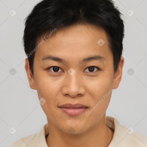 Joyful asian young-adult male with short  brown hair and brown eyes