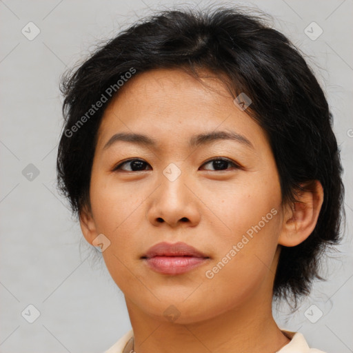 Neutral asian young-adult female with medium  brown hair and brown eyes