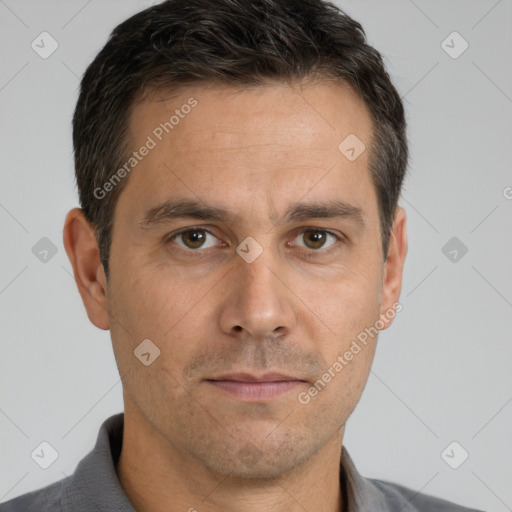 Neutral white adult male with short  brown hair and brown eyes