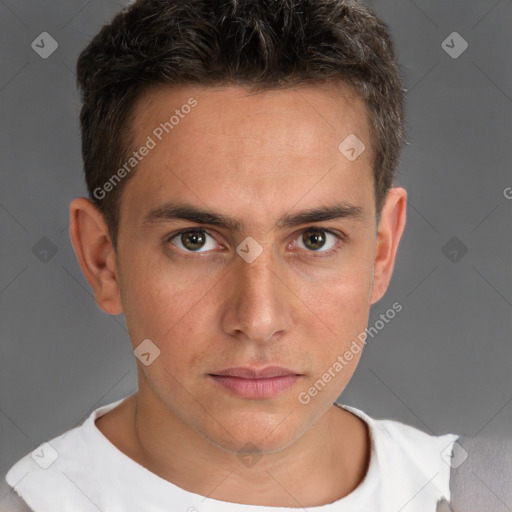 Neutral white young-adult male with short  brown hair and brown eyes