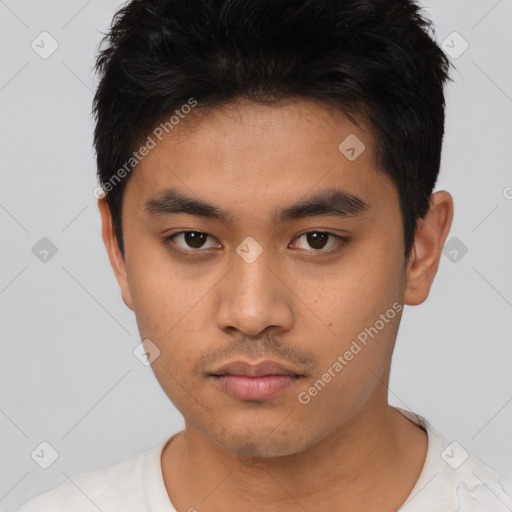 Neutral asian young-adult male with short  black hair and brown eyes
