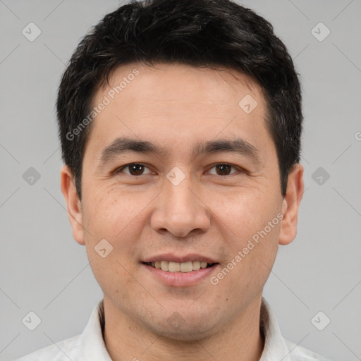 Joyful white young-adult male with short  brown hair and brown eyes