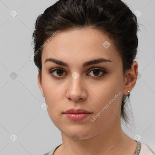 Neutral white young-adult female with short  brown hair and brown eyes