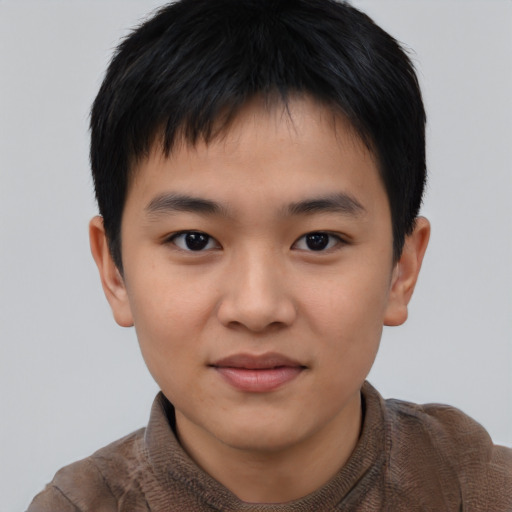 Joyful asian child male with short  brown hair and brown eyes