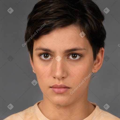 Neutral white young-adult female with short  brown hair and brown eyes