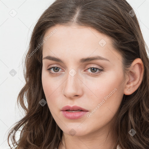 Neutral white young-adult female with long  brown hair and grey eyes