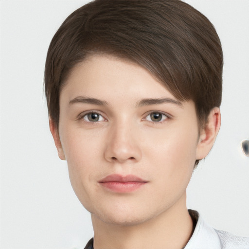 Neutral white young-adult female with short  brown hair and brown eyes