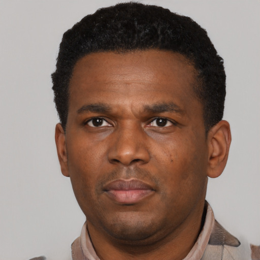 Neutral black young-adult male with short  black hair and brown eyes