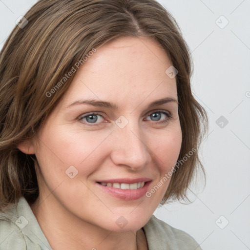 Joyful white young-adult female with medium  brown hair and blue eyes