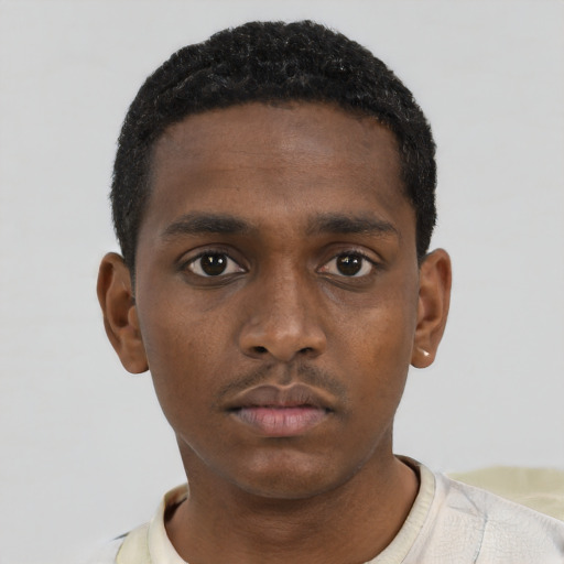 Neutral black young-adult male with short  black hair and brown eyes