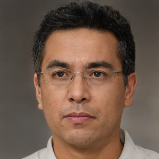 Neutral asian adult male with short  black hair and brown eyes