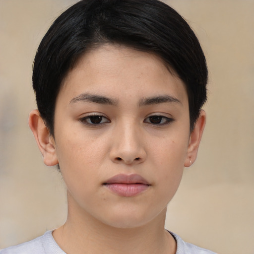 Neutral asian young-adult female with short  brown hair and brown eyes