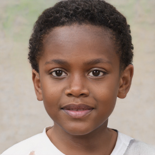 Joyful black child female with short  brown hair and brown eyes