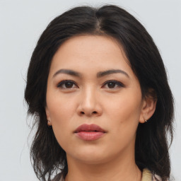 Neutral asian young-adult female with medium  brown hair and brown eyes