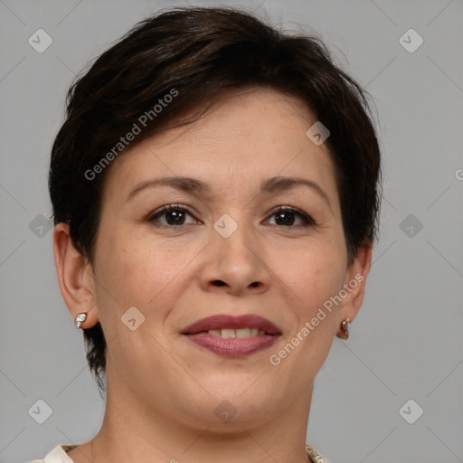 Joyful white adult female with short  brown hair and brown eyes