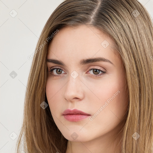 Neutral white young-adult female with long  brown hair and brown eyes