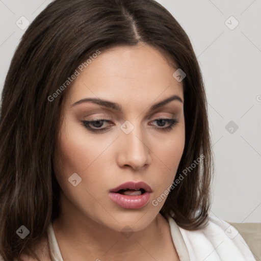 Neutral white young-adult female with medium  brown hair and brown eyes