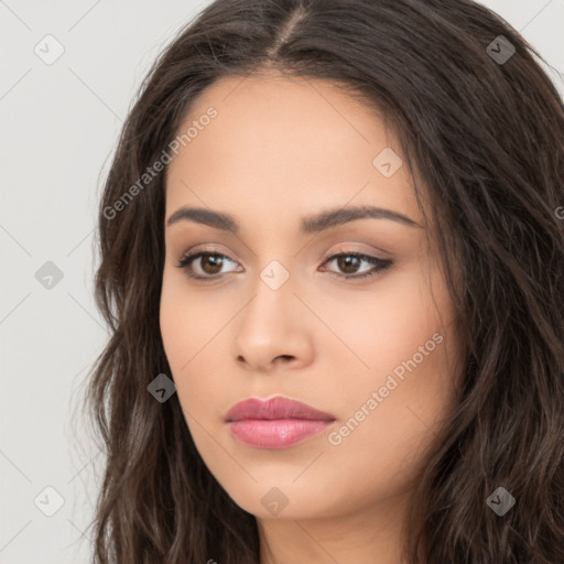 Neutral white young-adult female with long  brown hair and brown eyes