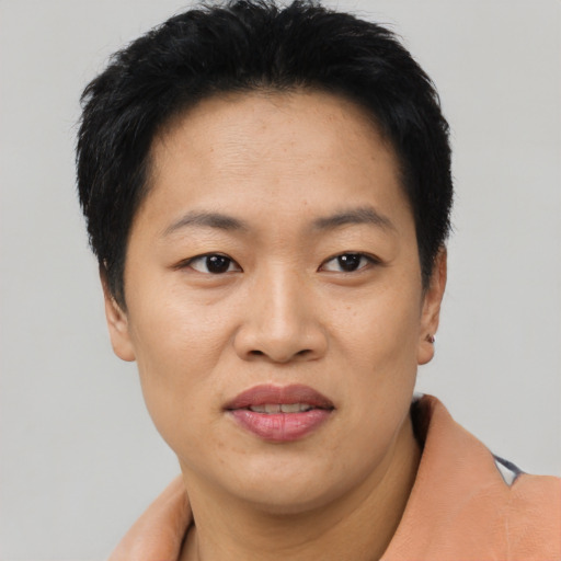 Joyful asian adult female with short  black hair and brown eyes