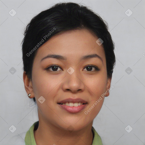 Joyful asian young-adult female with short  brown hair and brown eyes