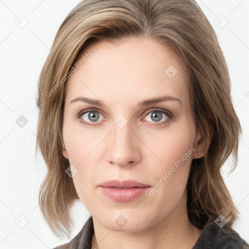 Neutral white young-adult female with medium  brown hair and grey eyes