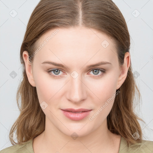 Joyful white young-adult female with medium  brown hair and blue eyes