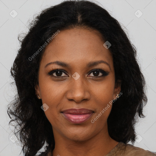 Joyful black young-adult female with long  brown hair and brown eyes