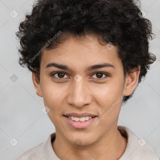 Joyful latino young-adult female with short  brown hair and brown eyes