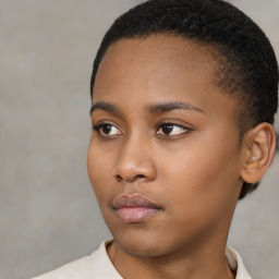 Neutral black young-adult female with short  black hair and brown eyes