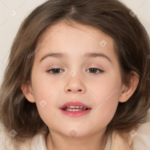 Joyful white child female with medium  brown hair and brown eyes