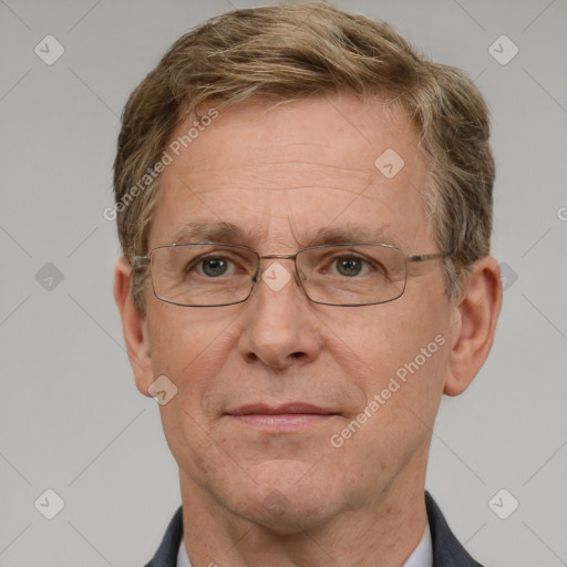 Joyful white middle-aged male with short  brown hair and grey eyes