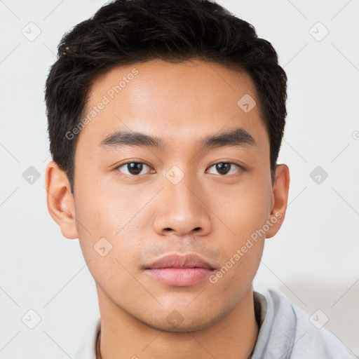 Neutral asian young-adult male with short  brown hair and brown eyes