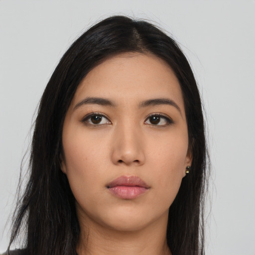 Neutral asian young-adult female with long  black hair and brown eyes